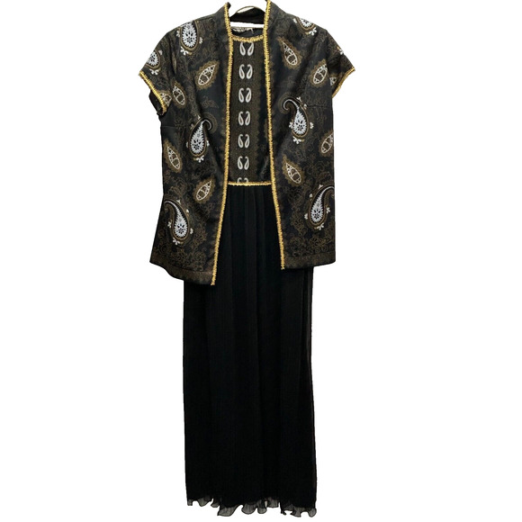 Vintage Alfred Shaheen Womens Paisley Plated Maxi Dress Jacket Black/Gold 10? - Picture 1 of 13